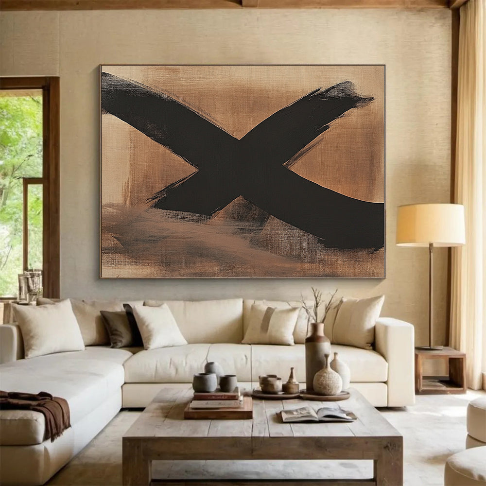 Black X on Beige Abstract Painting with Bold Brushstrokes GER017