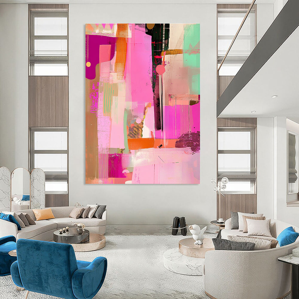 Large abstract artwork featuring pink tones with a collage of lines and shapes that adds a unique flair to any space.STSC525