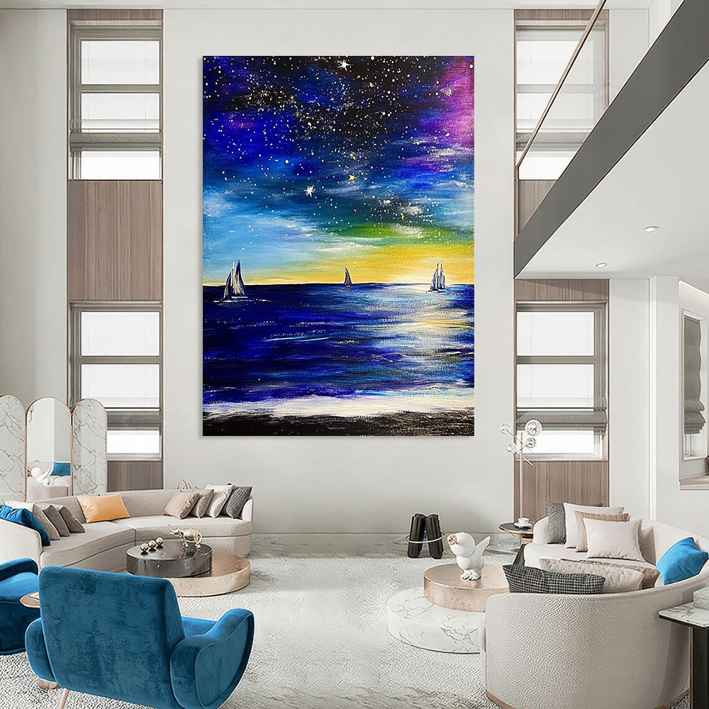 Large abstract painting depicting the ocean with sailboats and a starry sky featuring expressive brush strokes in vibrant colors.STSC851