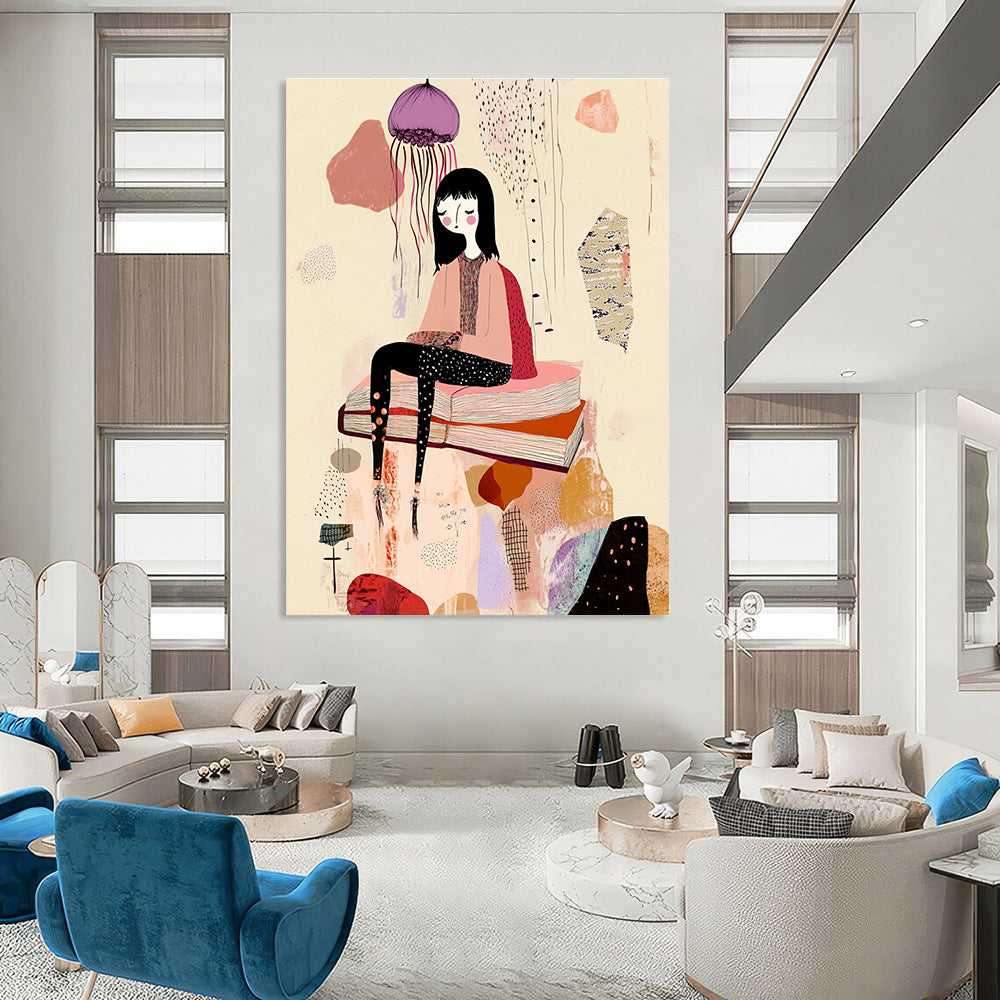 A large abstract artwork featuring a woman on a book amidst whimsical forms with pastel pink and purple hues set against a beige background.STSC1233