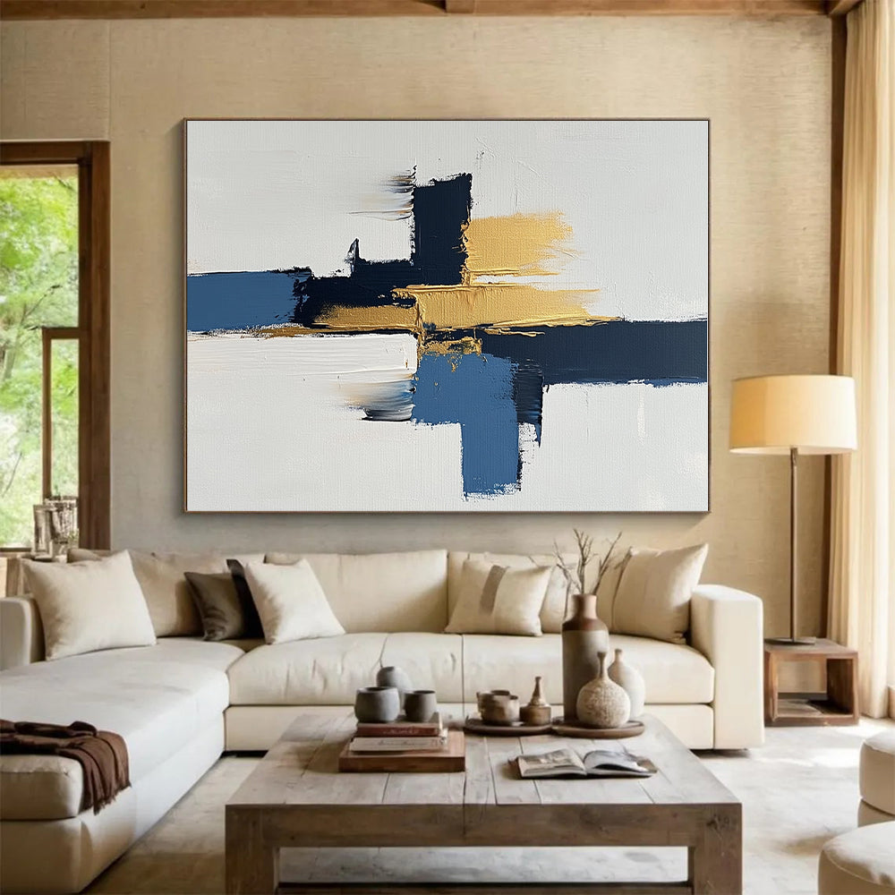 Blue and Gold Abstract Painting with Bold Strokes GER440
