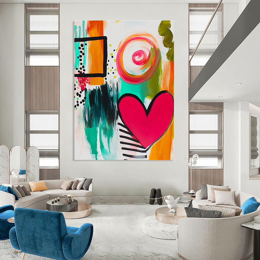 Large abstract painting featuring bold lines bright colors stripes and dots with a joyful heart shape and lively green swirls.STSC745