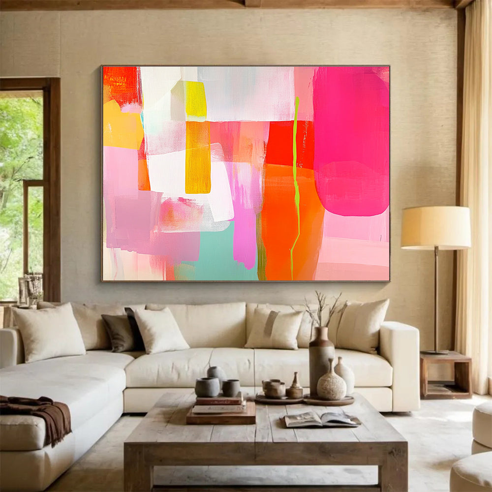 Colorful Geometric Abstract Painting with Pink Yellow and Green DYP415