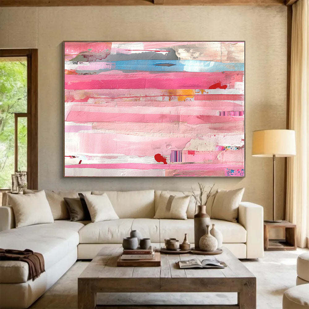 Pink Striped Collage Abstract with Colorful Inserts GER258