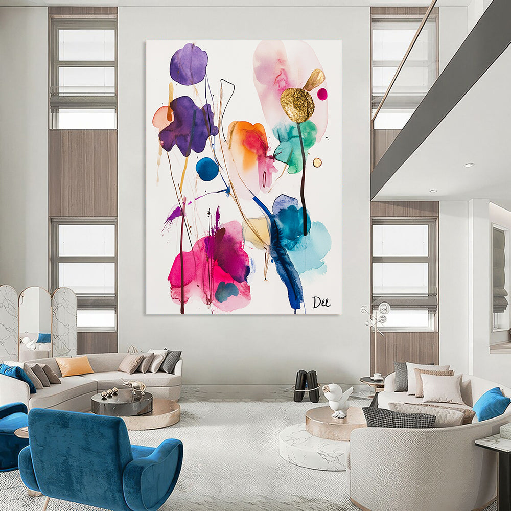Large abstract watercolor and ink painting featuring colorful shapes and gold foil accents on a white background inspired by the style of artist Dee.STSC839