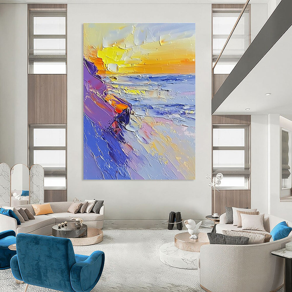 Large abstract painting featuring a sunset on the beach using a palette knife with white and pastel colors in broad strokes.STSC202