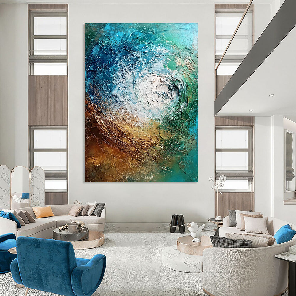 Large abstract painting depicting an underwater scene with textured brush strokes in rich shades of brown blue-green and metallic accents.STSC832