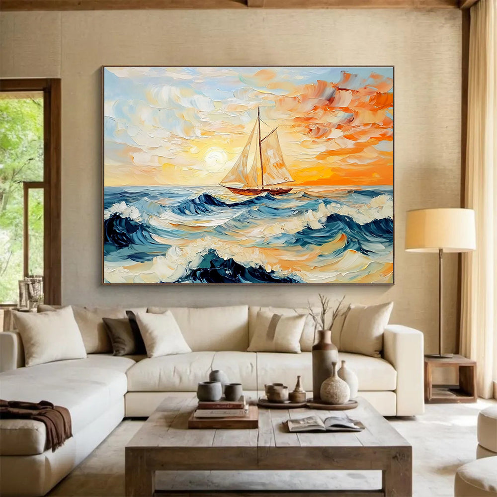 An abstract painting of the sea features an old sailboat at sunset with vibrant orange and blue hues and dynamic waves, inviting oceanic tranquility.SC419