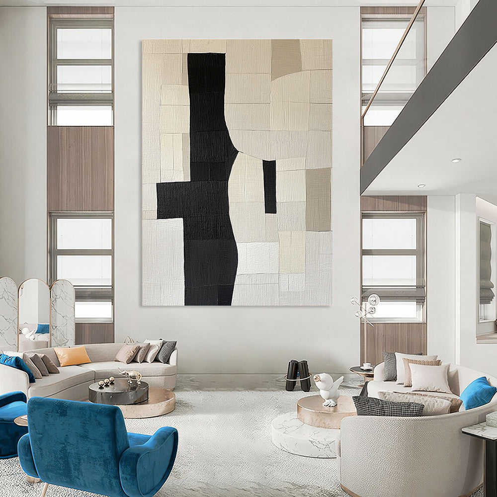 Large abstract painting featuring deconstructed doorway shapes in black grey and beige on a flat white background creating a minimalist collage effect.STSC392