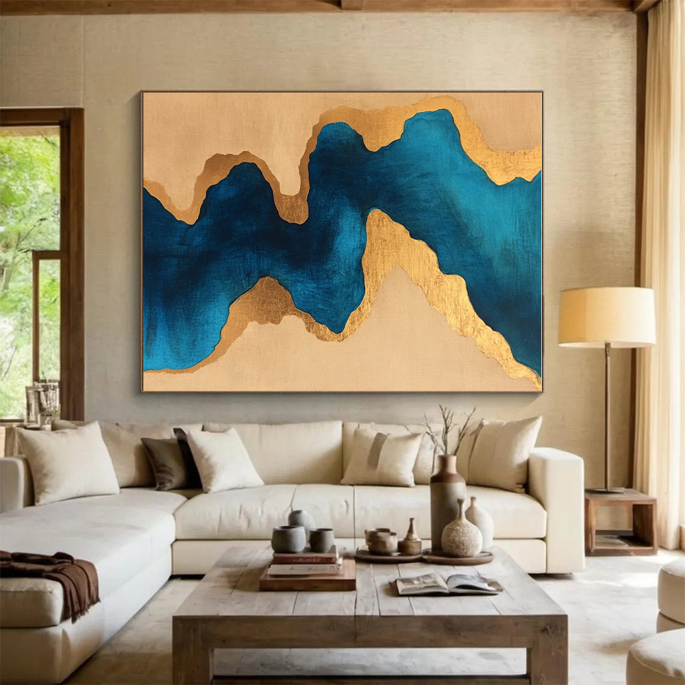 Blue and Gold Fluid - Shaped Abstract Painting GER234