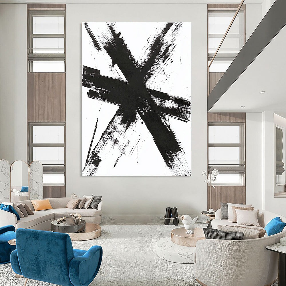 Large abstract artwork featuring thick messy black brush strokes forming a cross shape with detailed textures evoking emotions and energy.STSC1243