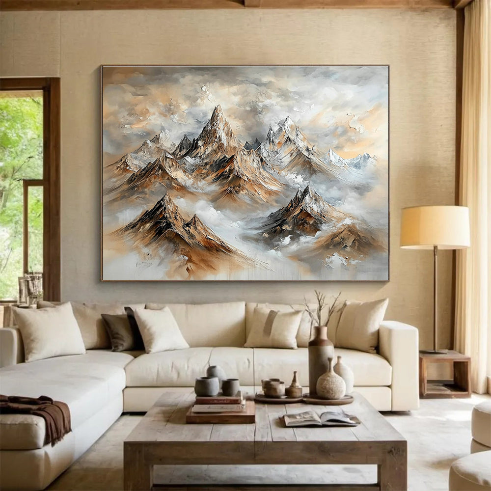 A large abstract painting featuring majestic mountains in brown and gray with swirling clouds and snow-capped peaks, creating a stunning impressionistic effect.SC486