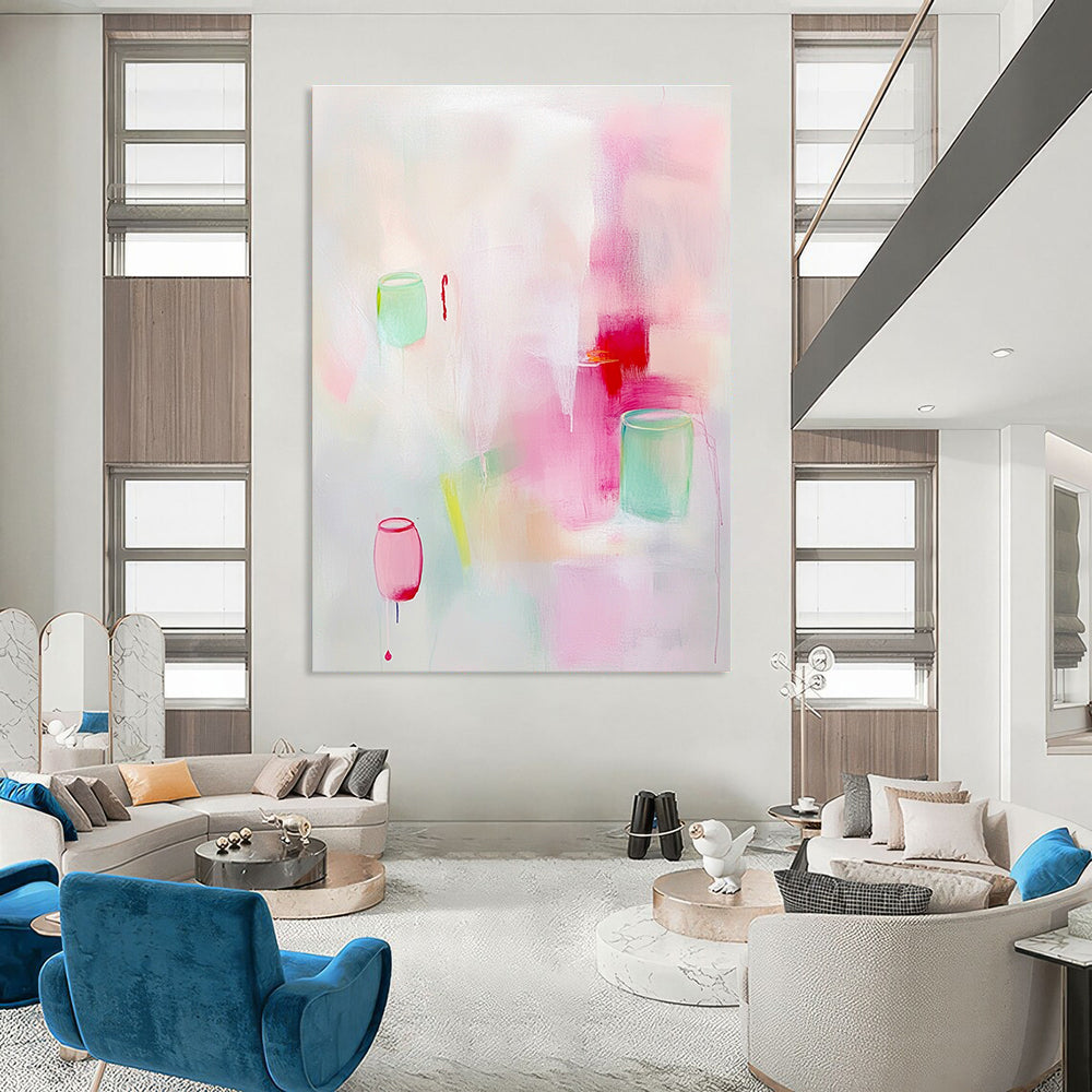 Abstract painting featuring soft pastel colors and elegant light pink and white shades with delicate brush strokes and minimalist design.STSC1311