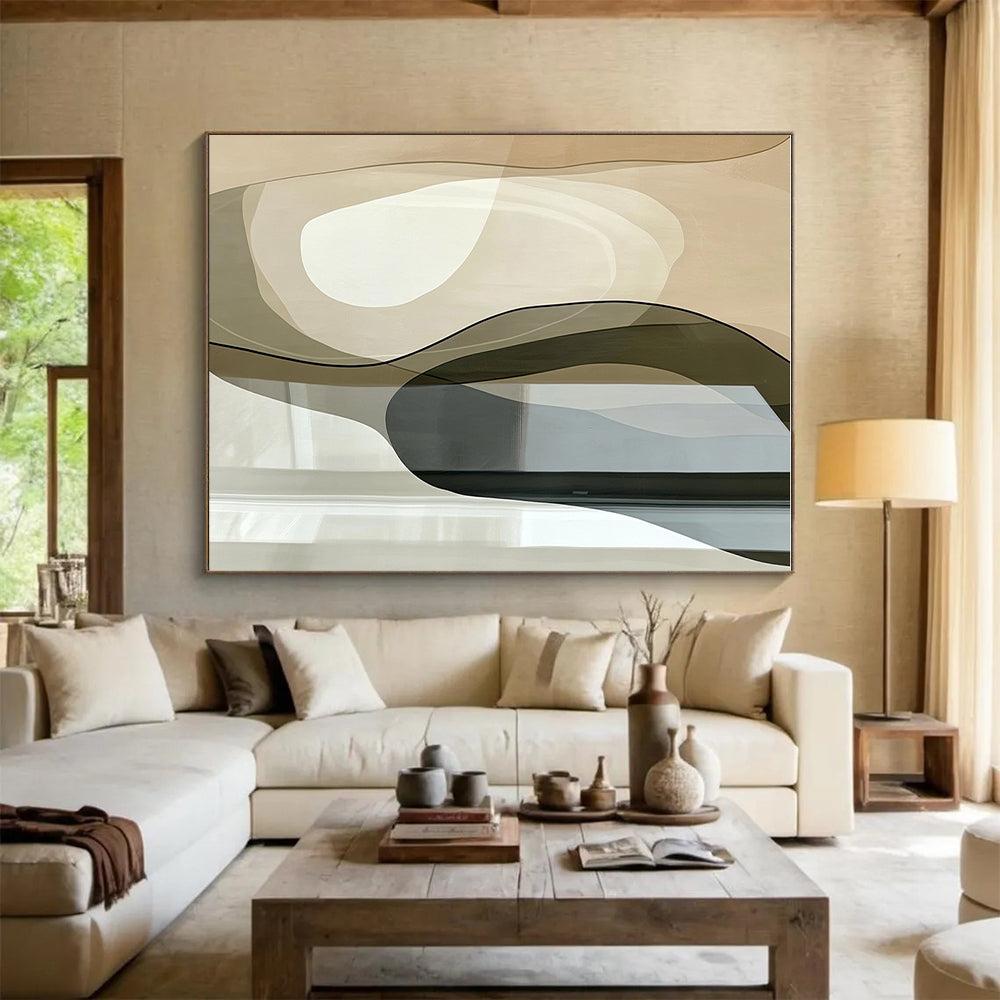 Beige and Black Curved Abstract Painting with Transparent Elements GER045