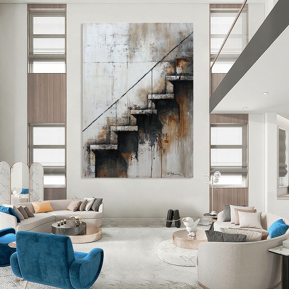 Large abstract painting of stairs in neutral tones featuring aged textures muted palette and nostalgic urban atmosphere.STSC194