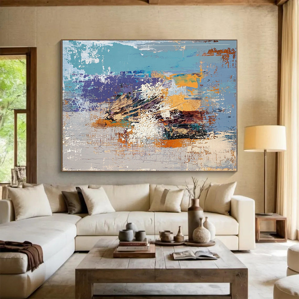 Blue Purple Orange Abstract Painting with Textured Layers GER759