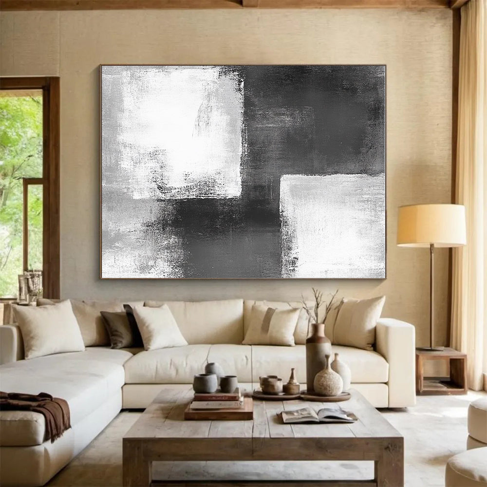 Black White and Gray Abstract Painting with Geometric Forms GER421