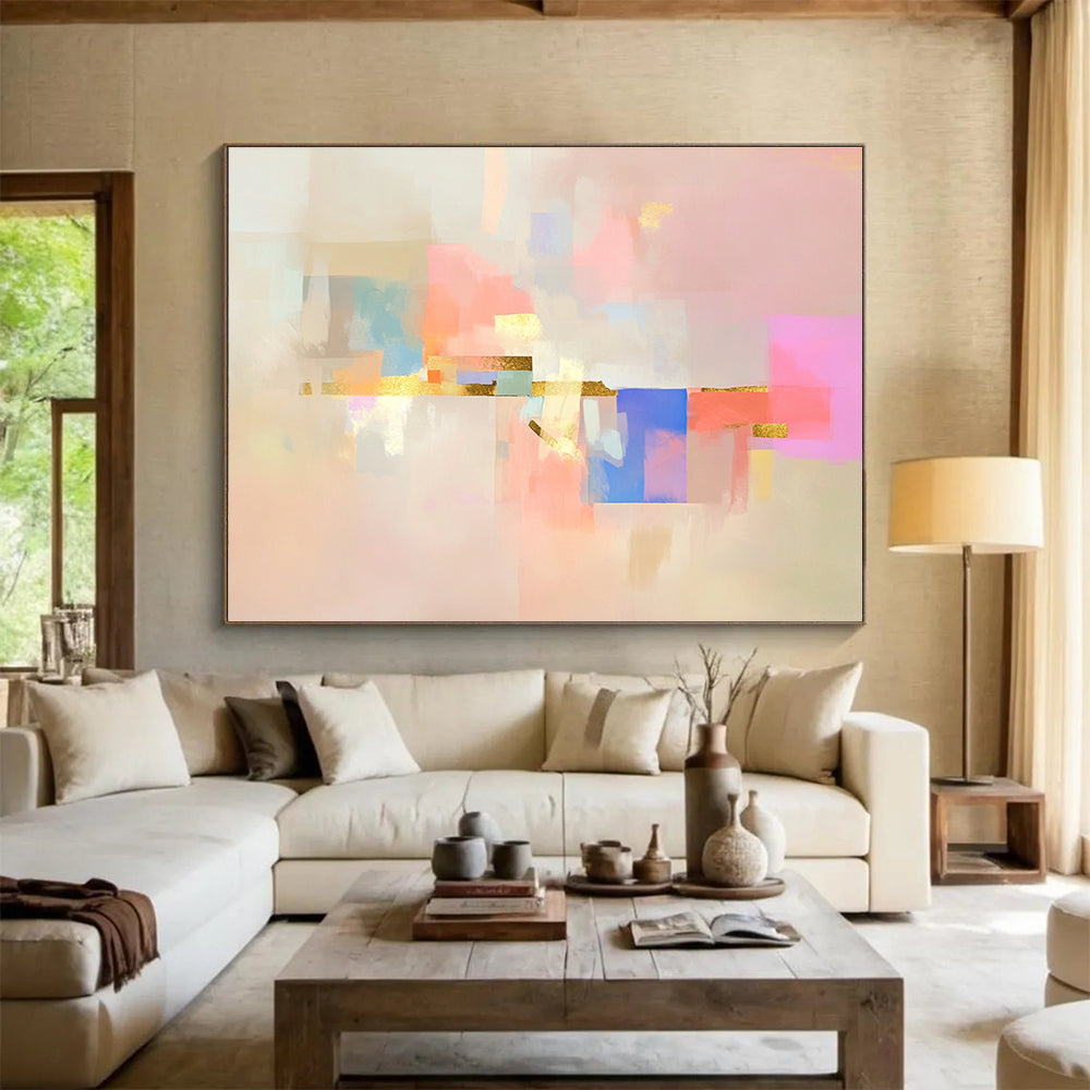 Abstract painting featuring soft shapes and pastel colors on a pink background with gold accents and minimalist design elements.SC043