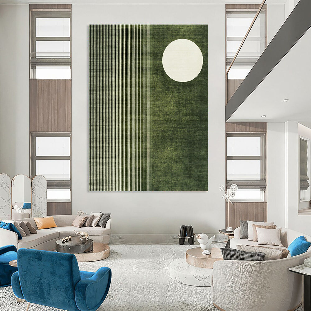 Abstract painting featuring a white circle on olive green fabric-like background with organic patterns and a white half-moon in the corner.STSC1251