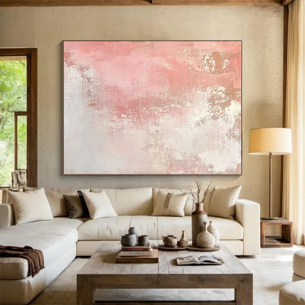Pink and White Textured Abstract Painting with Subtle Gold Accents GER040