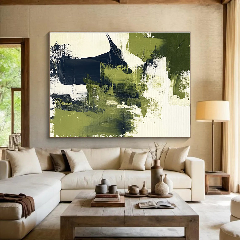 Green Black and White Abstract Painting with Textured Layers DYP407