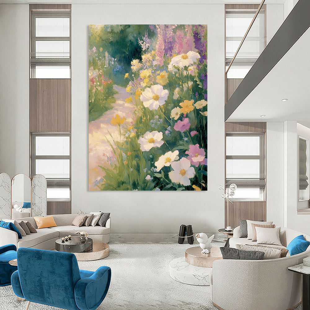 Large Abstract Painting of an Old English Garden with Wildflowers and a Winding Path Evoking Calmness and Tranquility in Soft Pastel Colors.STSC1227