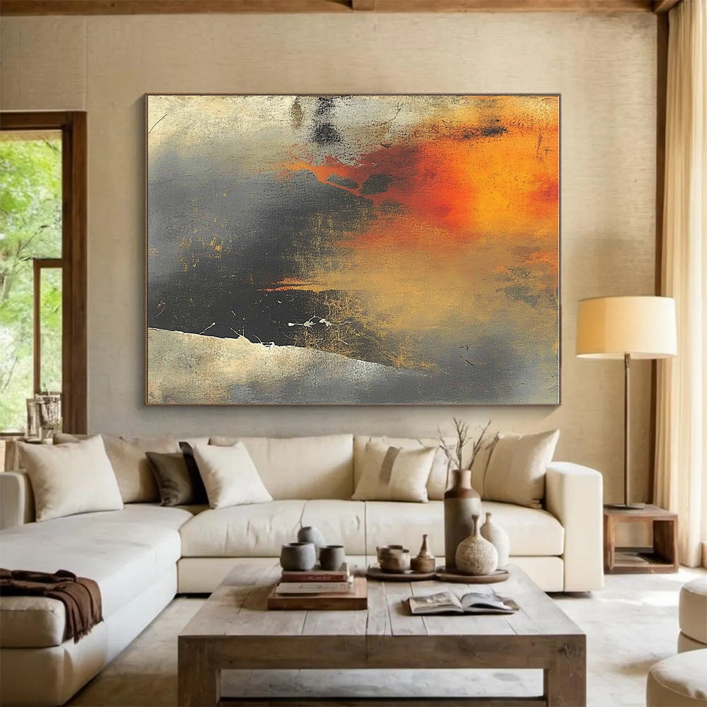 Orange Gray Textured Abstract Painting with Evocative Layers GER807