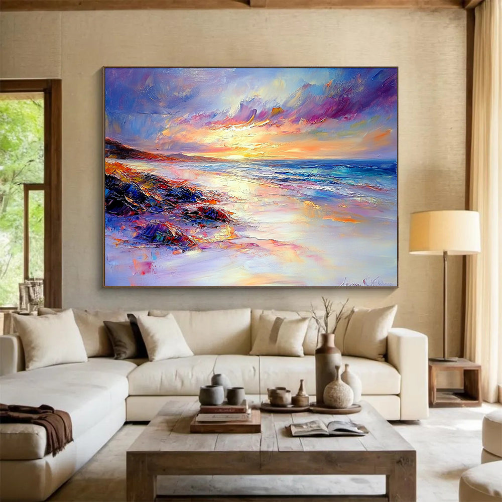 A large abstract painting portraying a tranquil beach sunset with vibrant colors soft lighting and rich details capturing the essence of Impressionism.SC522