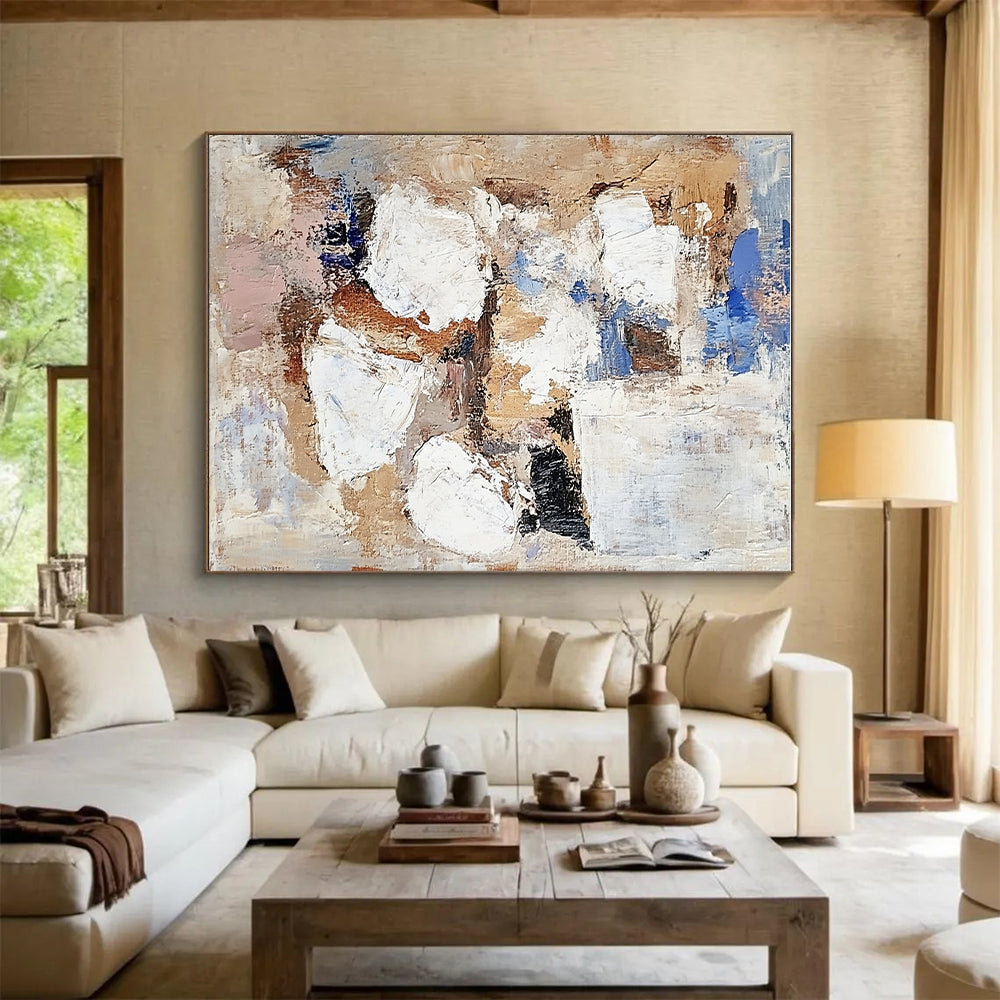 Beige Blue White Abstract Painting with Patchwork Design GER763