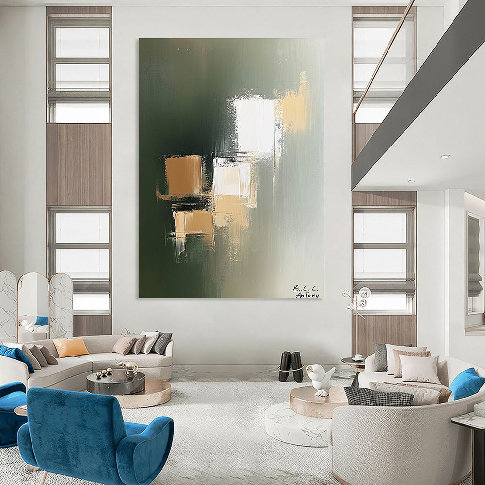 Large abstract painting featuring beige and white blocks on a soft green background with minimalist style by B.C. Antony.STSC212
