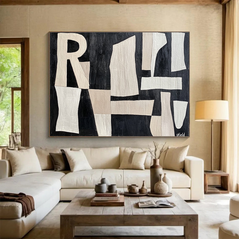Large abstract painting featuring cut-paper style shapes with the word Rfield in a textured beige and white design on a dark grey background.SC427