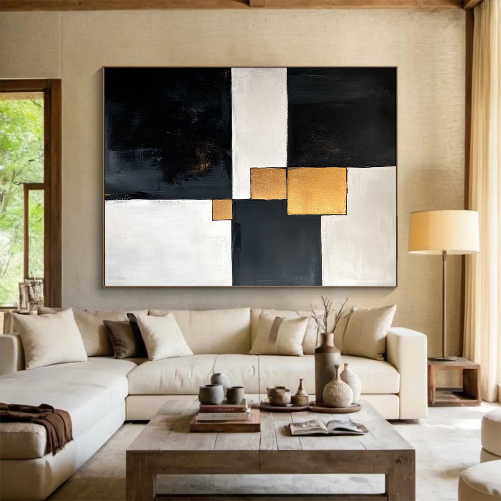 Black White and Gold Abstract Painting with Geometric Gold Accents GER667