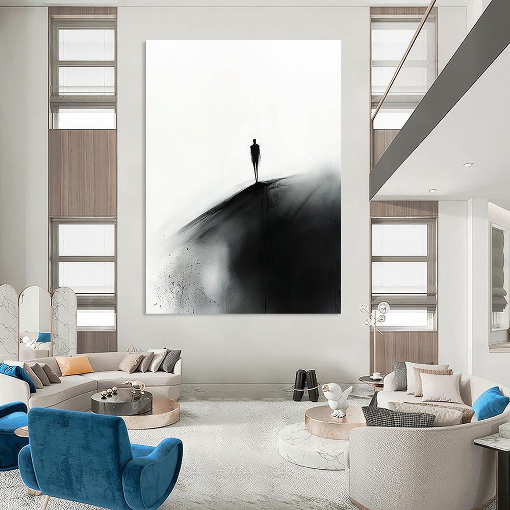 Abstract painting featuring a small silhouette of a man in black walking towards the viewer on a hill against a white ink wash background.STSC1349