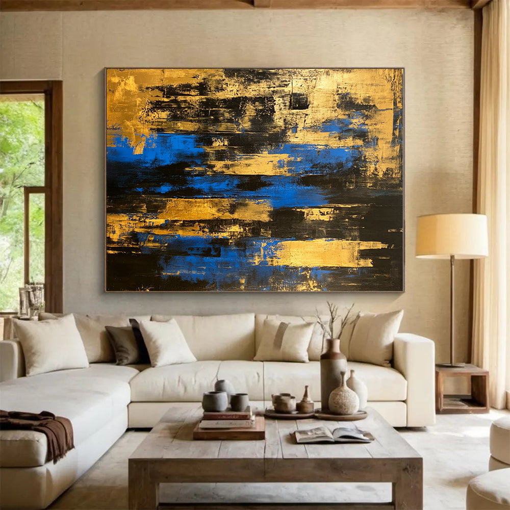 Black Gold and Blue Abstract Painting with Urban Edges GER397