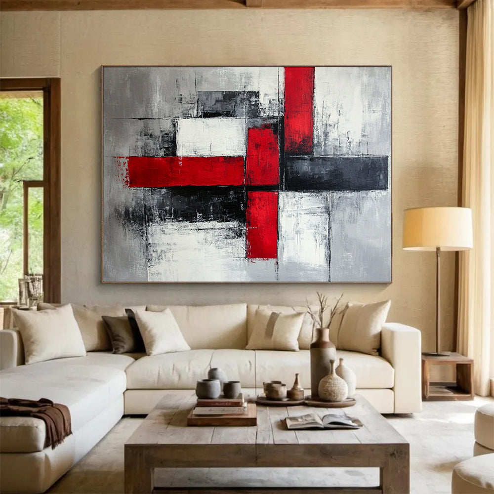 Red Black and Gray Abstract Painting with Cross Forms DYP397