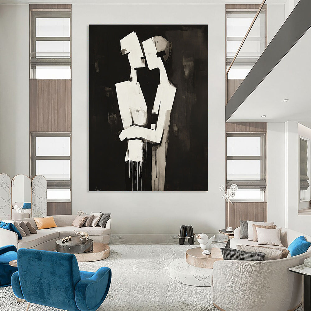 Abstract black and white painting of two figures embracing in a deconstructed minimalist style against a dark background.STSC024