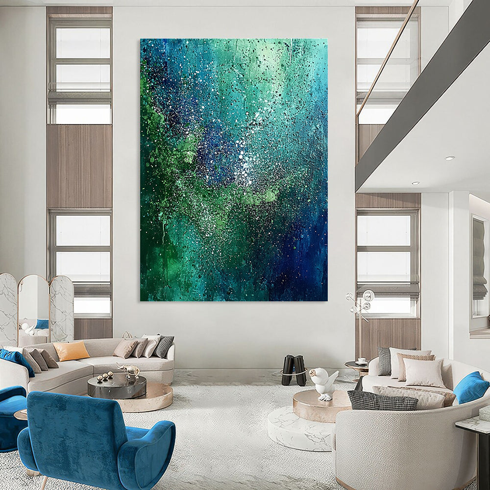 Abstract painting with green and blue hues featuring pointillist dots forest patterns and sparkling accents on a dark sky-blue backdrop.STSC066