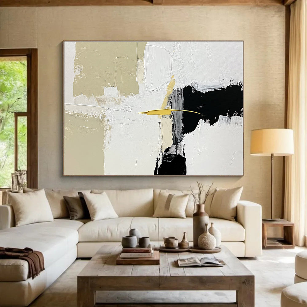 Large abstract painting featuring white beige and black shapes with brush strokes and a small yellow line on an off-white background.SC206