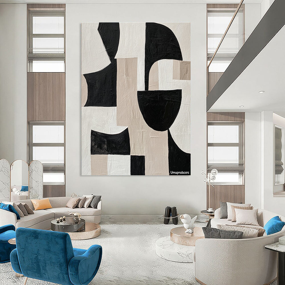 Large abstract painting with overlapping fluid shapes in black and white featuring the word Umaproducers crafted in tape showcasing depth and movement.STSC483