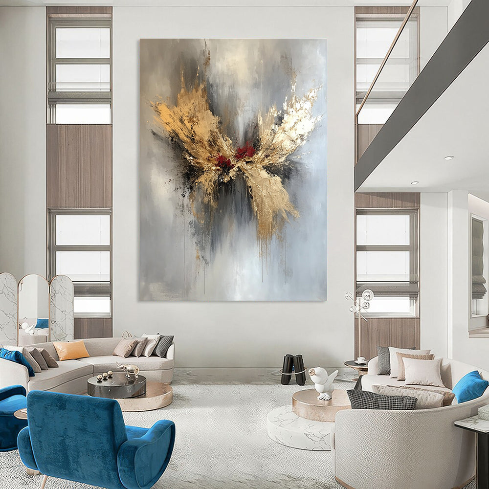 Large abstract painting in gold and silver with red and black splashes featuring elegant floral design and organic forms on a white background.STSC729