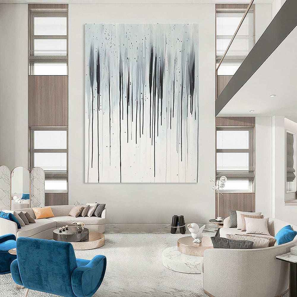 Large abstract painting featuring vertical thin lines in black and white with rain elegantly cascading from the sky.STSC357