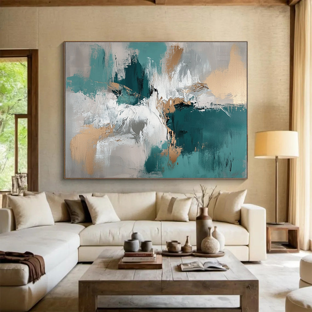Large abstract painting with muted teal beige and brown tones depicting water and ice creating a profound depth on the canvas.SC243