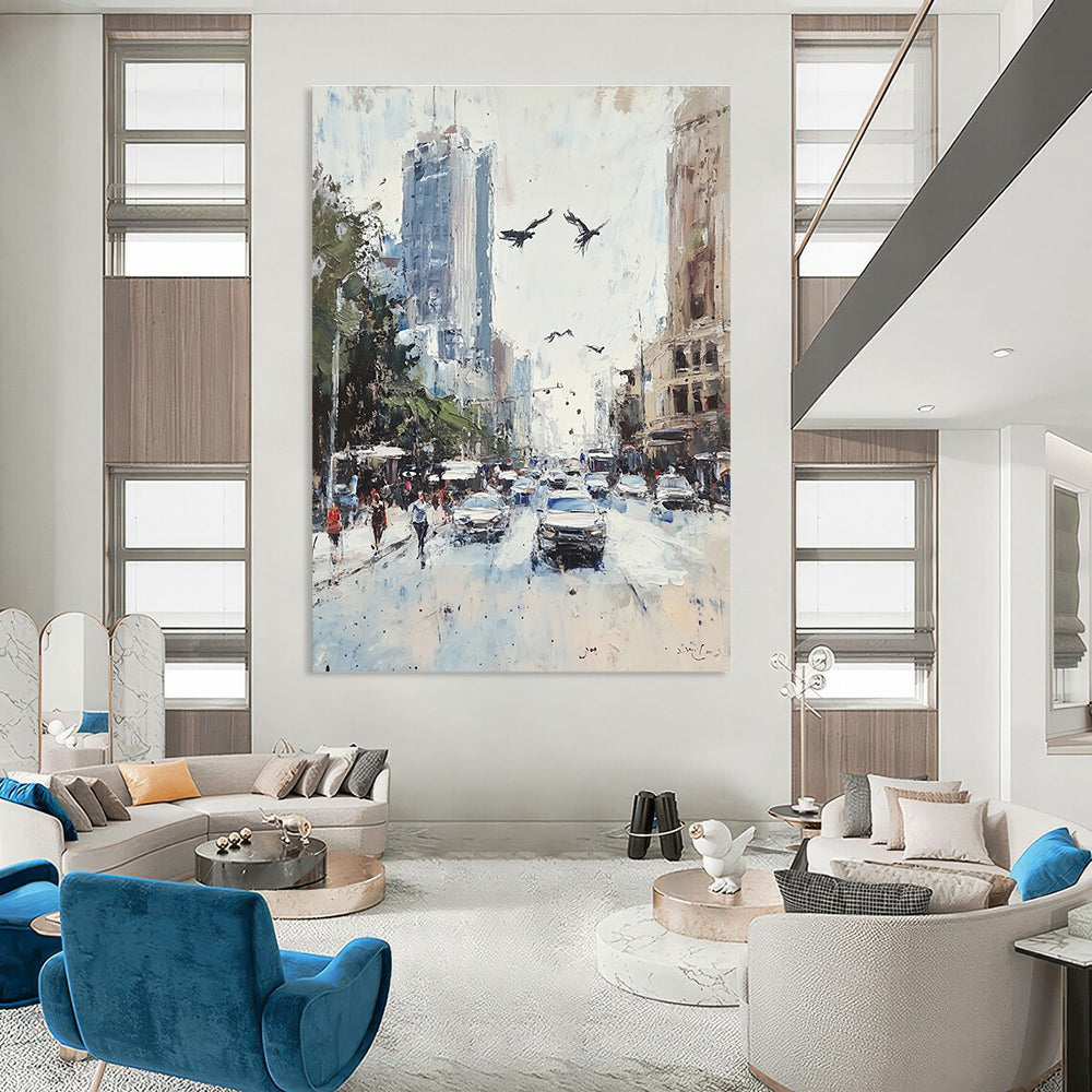 Large abstract painting featuring a vibrant Sydney street scene with soft pastel colors and impressionist brush strokes.STSC1135