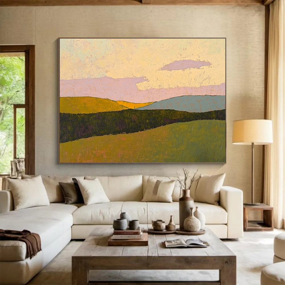 Large abstract painting in pastel colors showcases rolling hills under a sunset sky with textured impasto technique on paper.SC578
