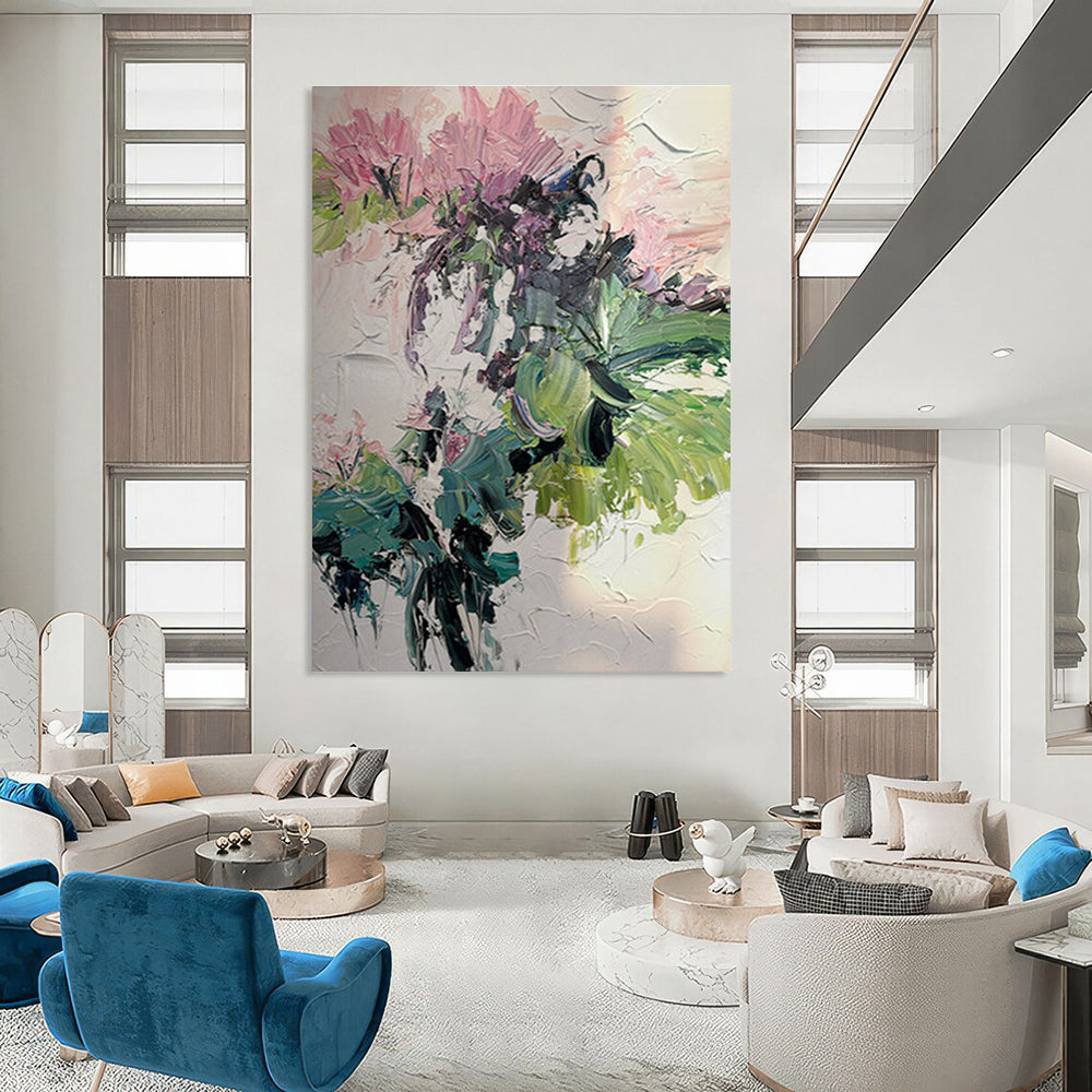 Pink Flower Abstract Oil Painting with Green Accents ADGE271