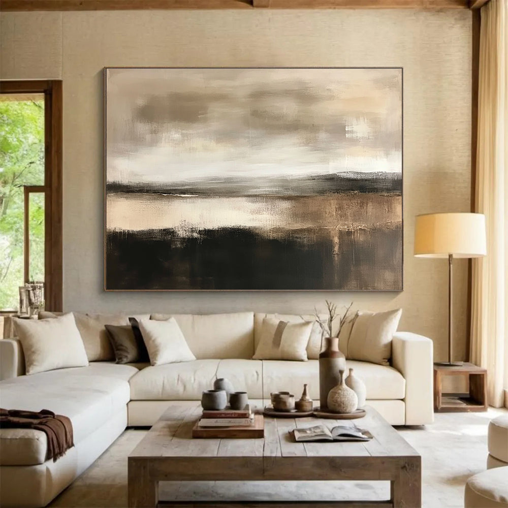 Large abstract landscape in neutral tones of beige and white with a neutral sky and hints of brown dark grey and black.SC067