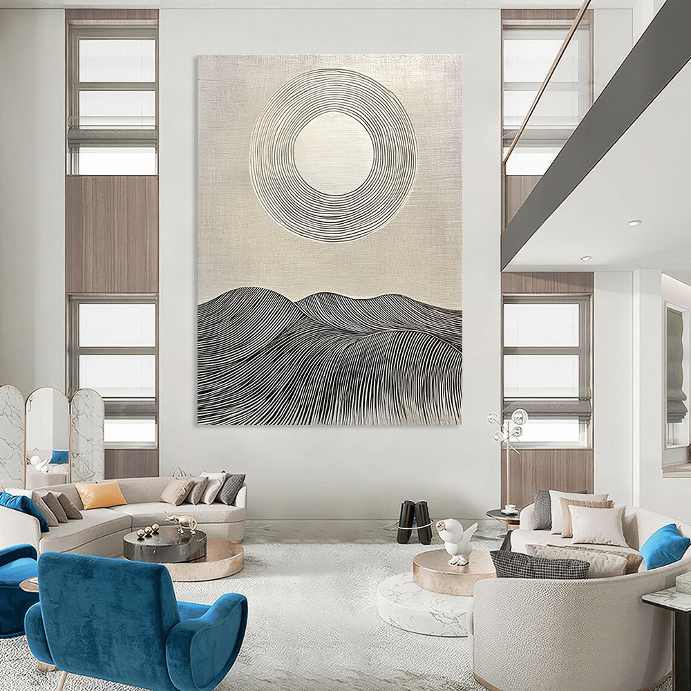 Large abstract painting featuring a circular white sun on textured background with rolling hills and clean lines for a modern aesthetic.STSC1029