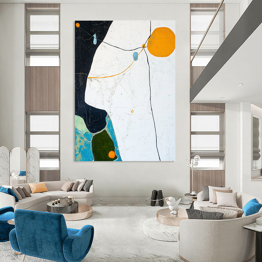 Large abstract painting featuring a white sky, light blue and dark green lines, yellow outline, orange circle, and black edge shapes with detailed rocks and trees.STSC296