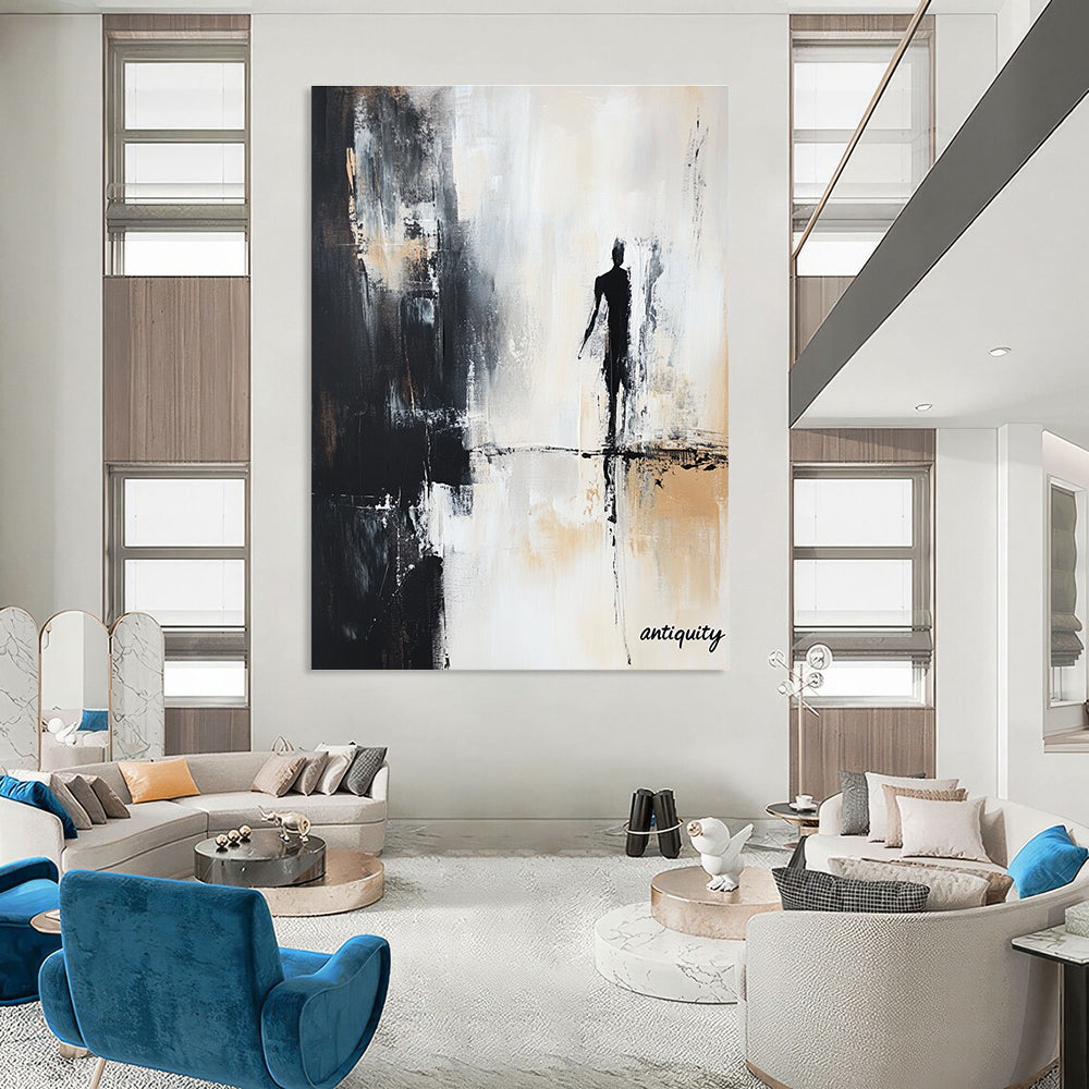 Large abstract painting featuring the text nostalgia in black white and gray tones with a shadowy figure and antiquity in the corner.STSC709