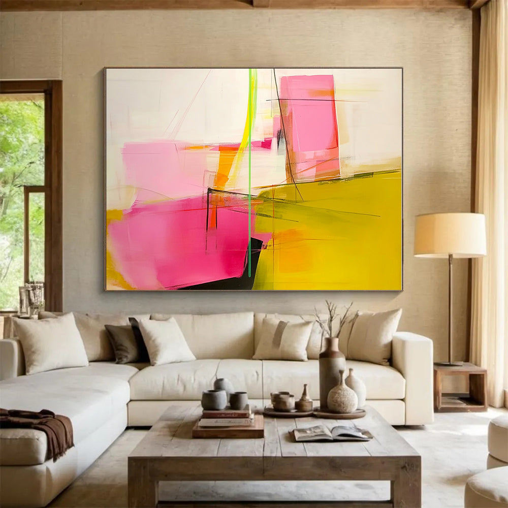 Pink and Yellow Abstract Painting with Geometric Elements GER629